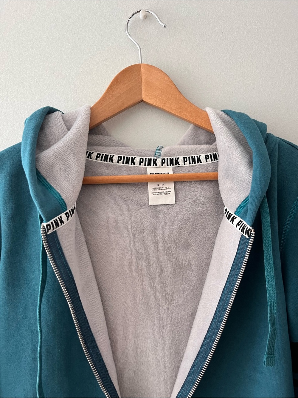 PINK Victoria's Secret Teal Zip-Up Hoodie with Light Gray Plush/Fleece Lining